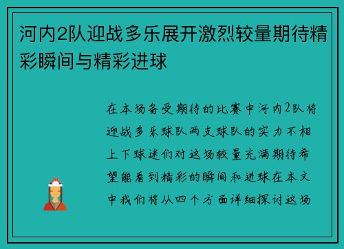 河内2队迎战多乐展开激烈较量期待精彩瞬间与精彩进球